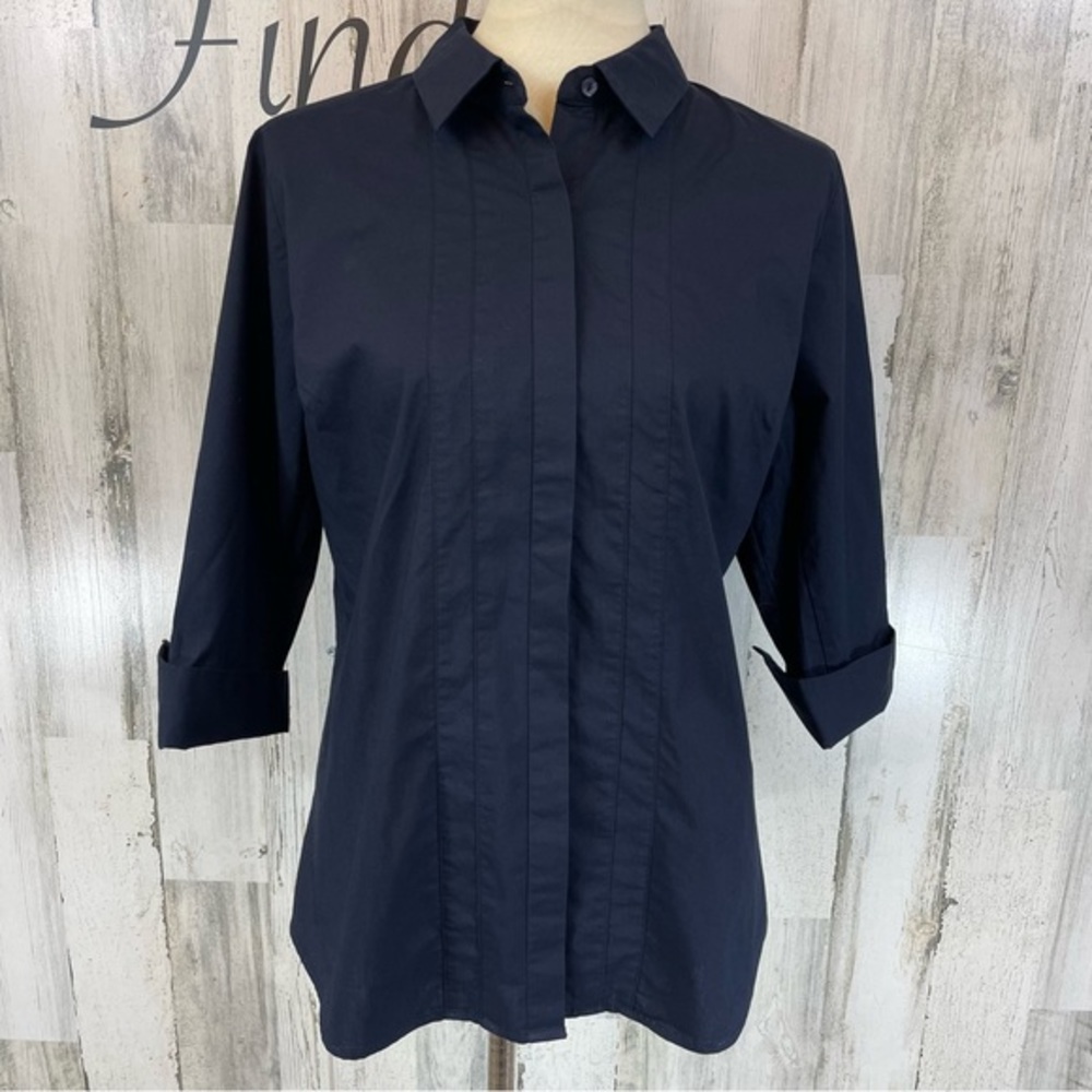 Worthington Blue Pin tuck 3/4 Sleeve Collared Neck Stretch Shirt‎ Top Blouse L